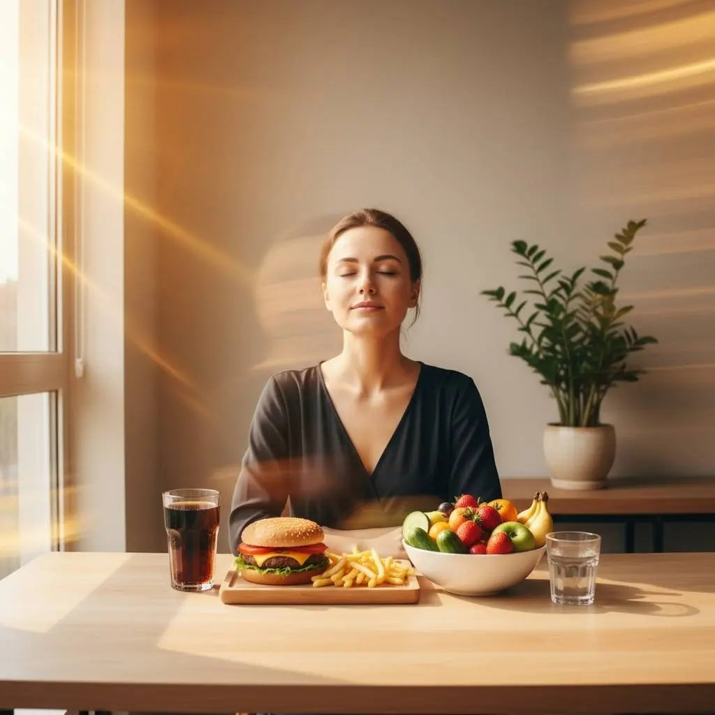 Mujer moderna reflexionando sobre alimentacion y salud mental - Nutremys