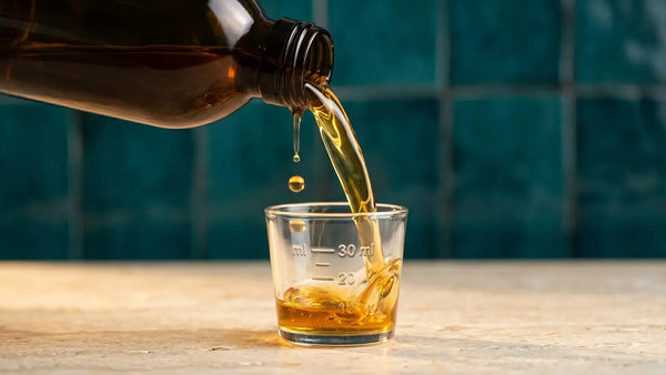 Collagène à boire versé dans un verre doseur gradué — dosage précis du collagène marin liquide