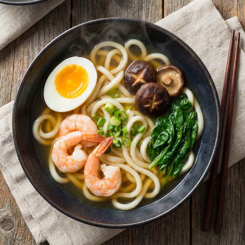 Bol de ramen aux udon, champignons, oeuf et crevettes - recette sante equilibree