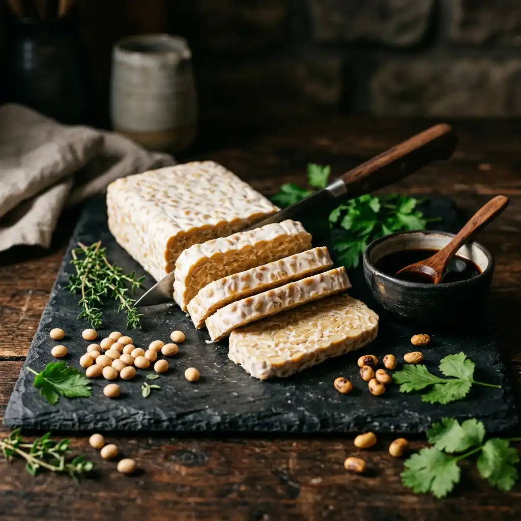 Bloc de tempeh tranche - superaliment fermente riche en proteines et probiotiques