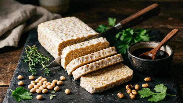 Bloc de tempeh tranche - superaliment fermente riche en proteines et probiotiques