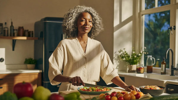 Mujer de 52 años serena en una cocina luminosa — entender y aliviar la hinchazón abdominal en la menopausia