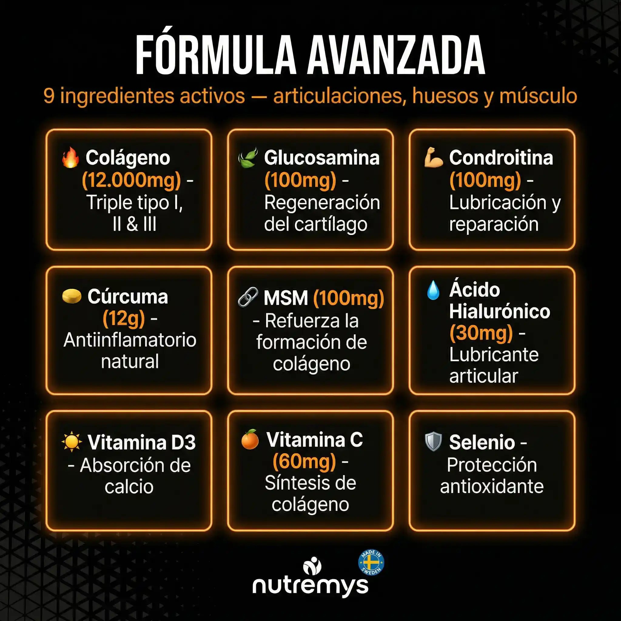 ArtiMotion Collagen 12000 · Grid ingredientes colágeno glucosamina condroitina MSM cúrcuma