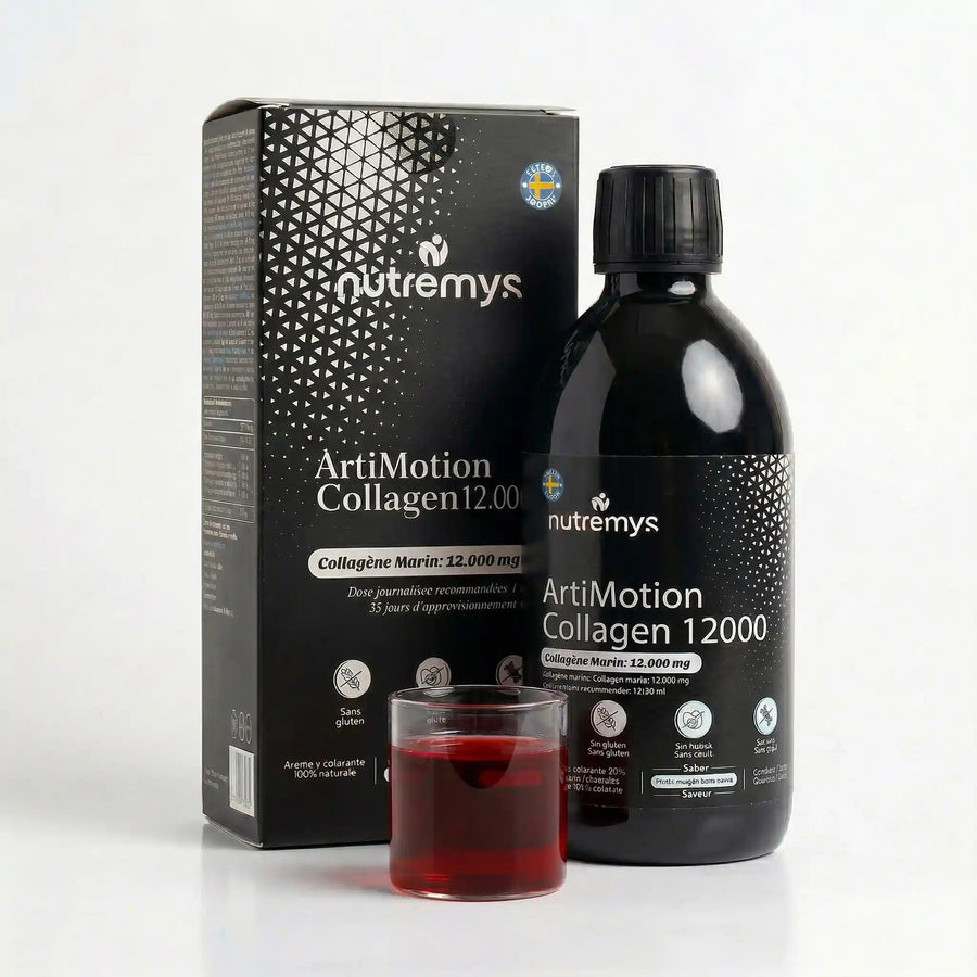 ArtiMotion Collagen 12000 · Colágeno marino líquido 12.000 mg · caja y frasco · Nutremys