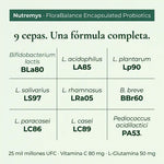 FloraBalance Probióticos · 9 cepas, una fórmula completa · 25 mil millones UFC · Nutremys