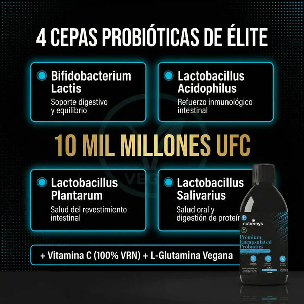 Premium Probiotics · 4 cepas probióticas de élite · 10 mil millones UFC + Vitamina C y L-Glutamina · Nutremys
