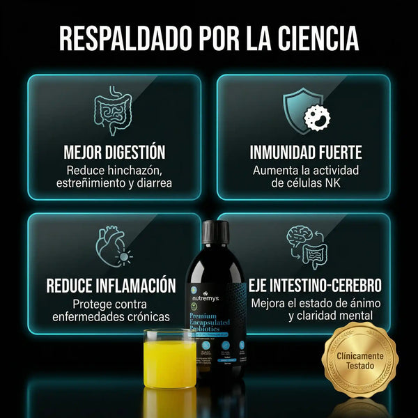 Premium Probiotics · Respaldado por la ciencia: digestión, inmunidad, inflamación y eje intestino-cerebro · Nutremys