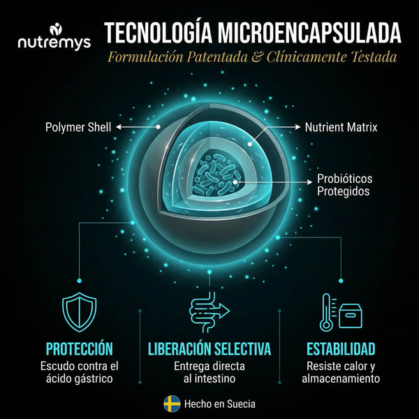 Premium Probiotics · Tecnología microencapsulada: protección gástrica, liberación selectiva y estabilidad · Nutremys