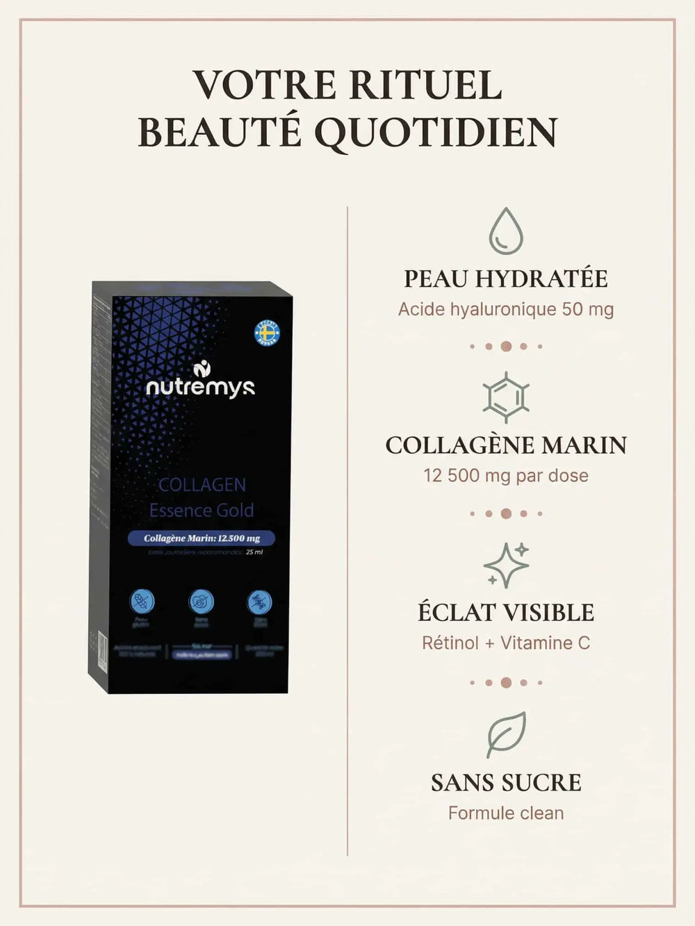 Collagen Essence Gold · Flacon collagene liquide premium Nutremys 500ml