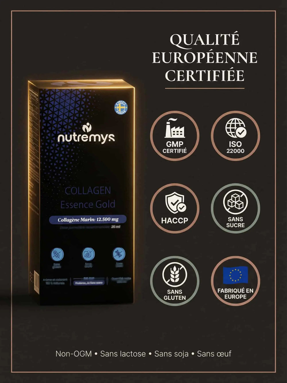 Collagen Essence Gold · Mode emploi 25ml par jour Nutremys