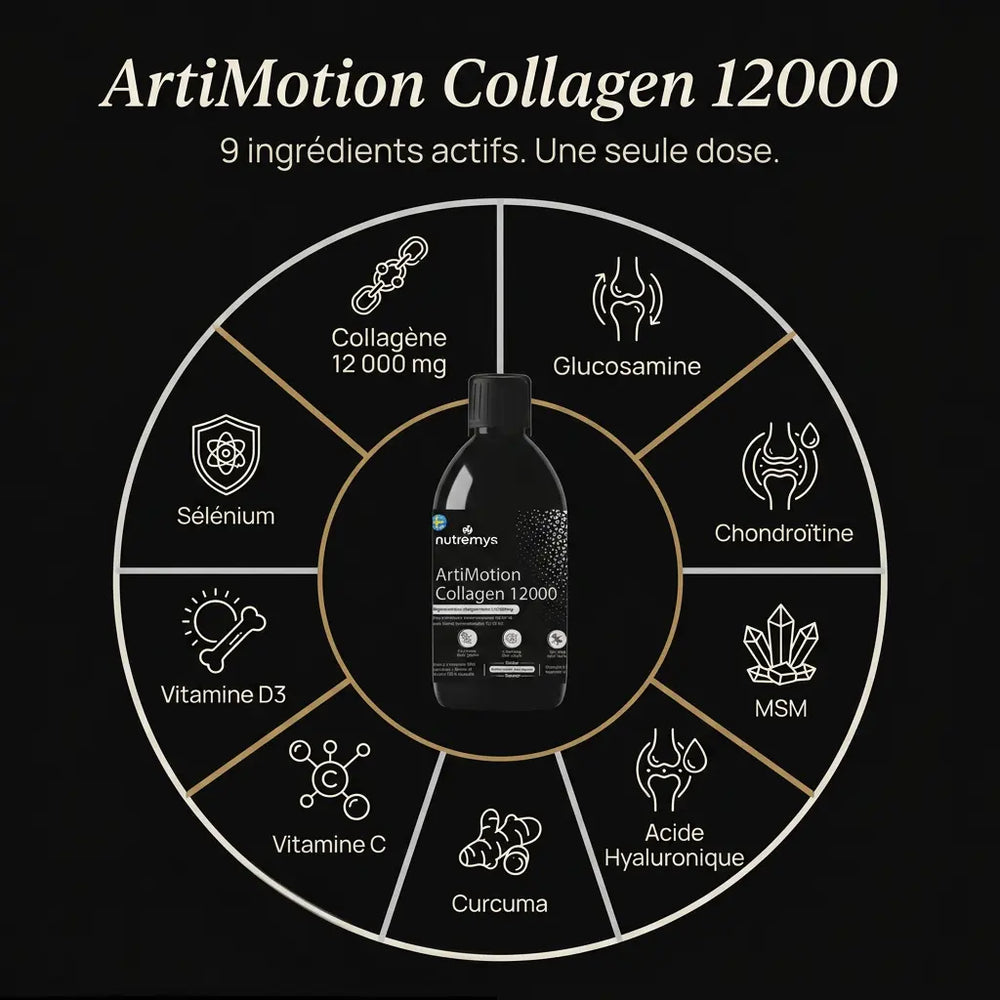 ArtiMotion Collagen 12000 · formule 9 ingrédients actifs liquide · articulations │ Nutremys LAB