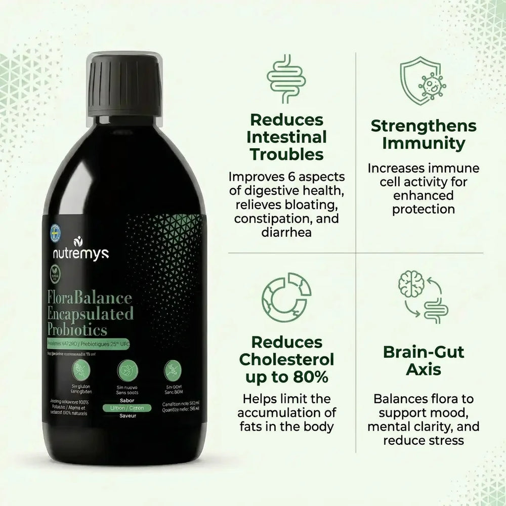 FloraBalance Encapsulated Probiotics benefits: reduces intestinal troubles, strengthens immunity, reduces cholesterol up to 80%, supports brain-gut axis