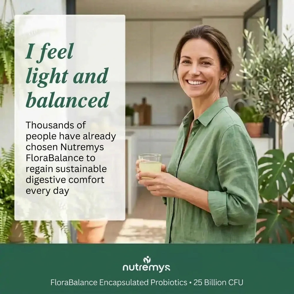 Woman feeling light and balanced with FloraBalance Encapsulated Probiotics 25 Billion CFU – Nutremys sustainable digestive comfort