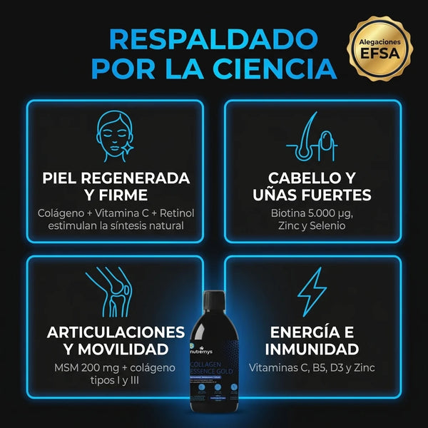 Collagen Essence Gold · Respaldado por la ciencia: piel, cabello y uñas, articulaciones, energía e inmunidad · alegaciones EFSA · Nutremys