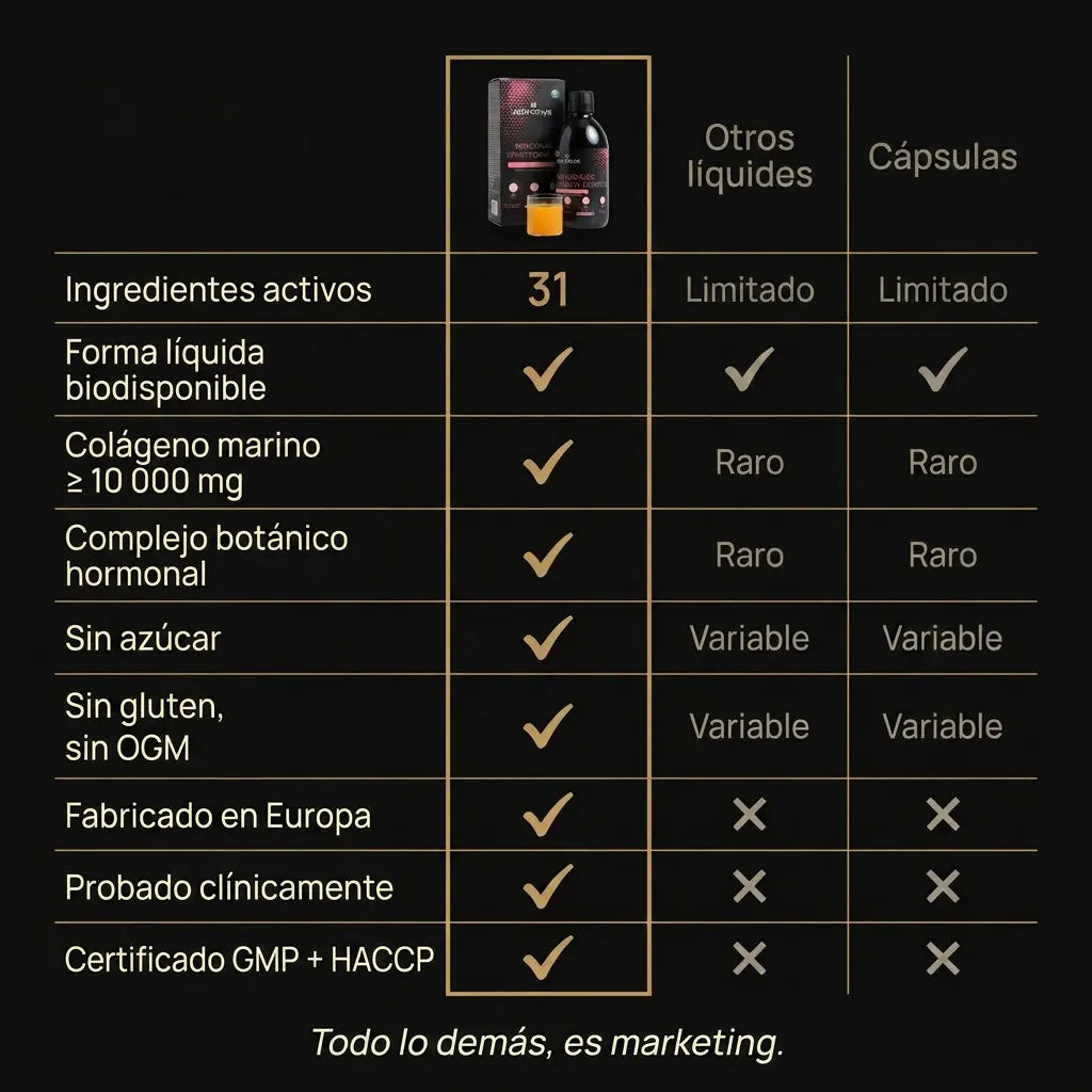 Comparativa Menopause Vitality Complex vs otros líquidos y cápsulas · 31 ingredientes activos testado clínicamente menopausia │ Nutremys LAB