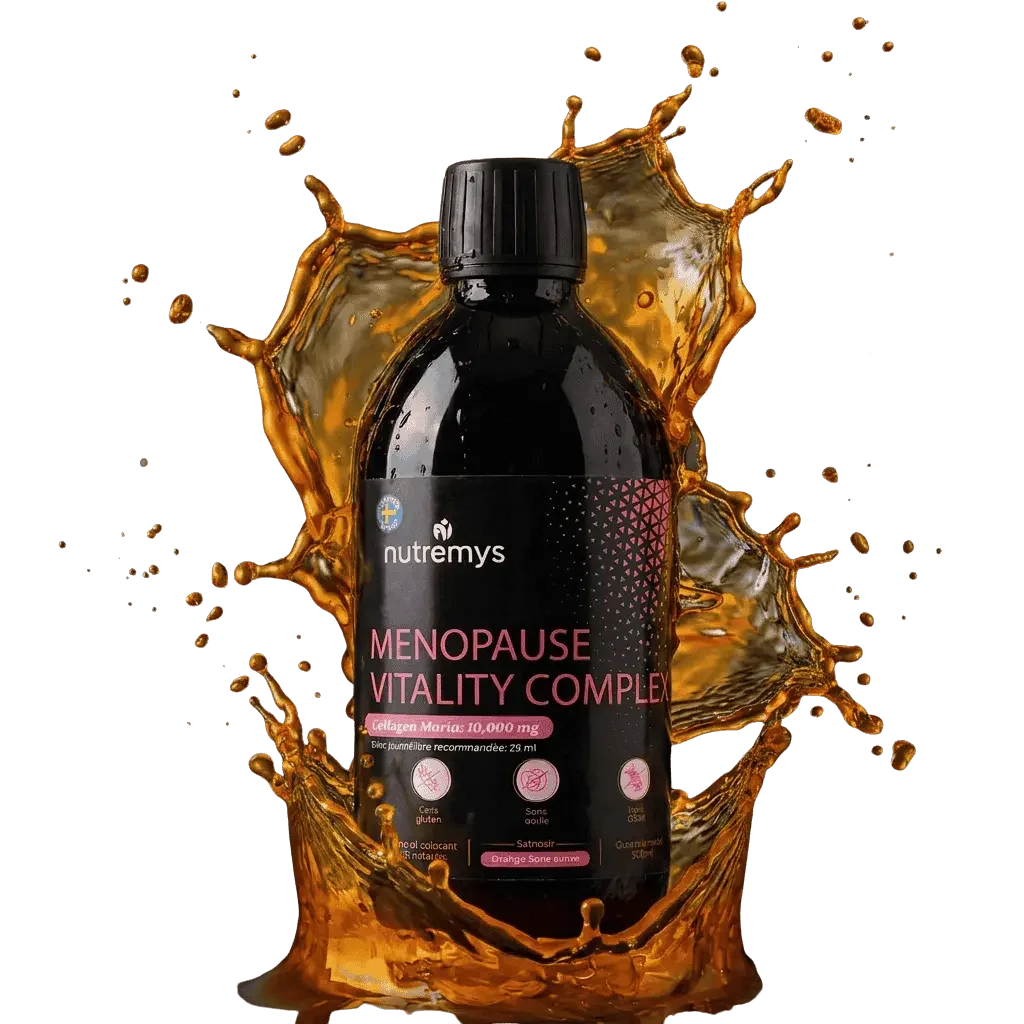 Menopause Vitality Complex · Complément liquide 9 en 1 ménopause et périménopause · Collagène marin 10 000mg · Nutremys LAB