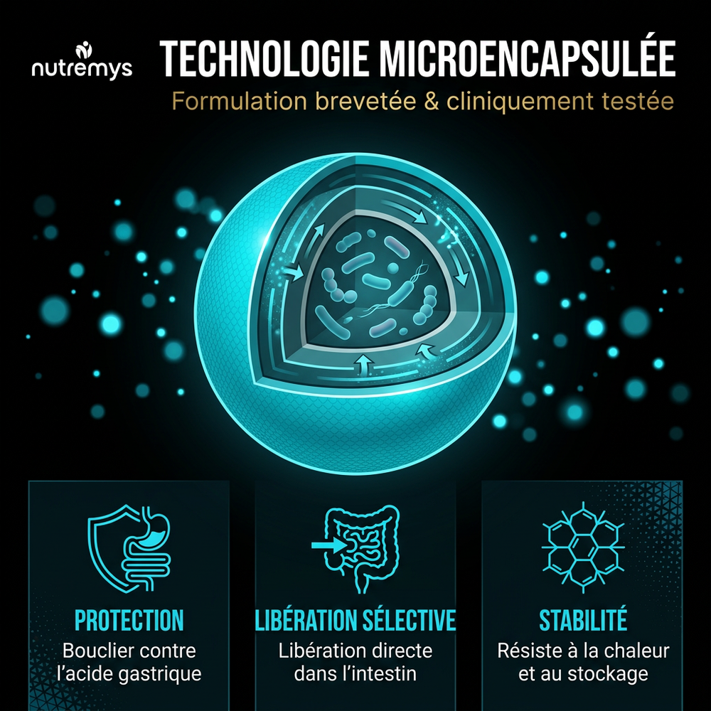 Premium Probiotics · Technologie microencapsulation protection acides gastriques