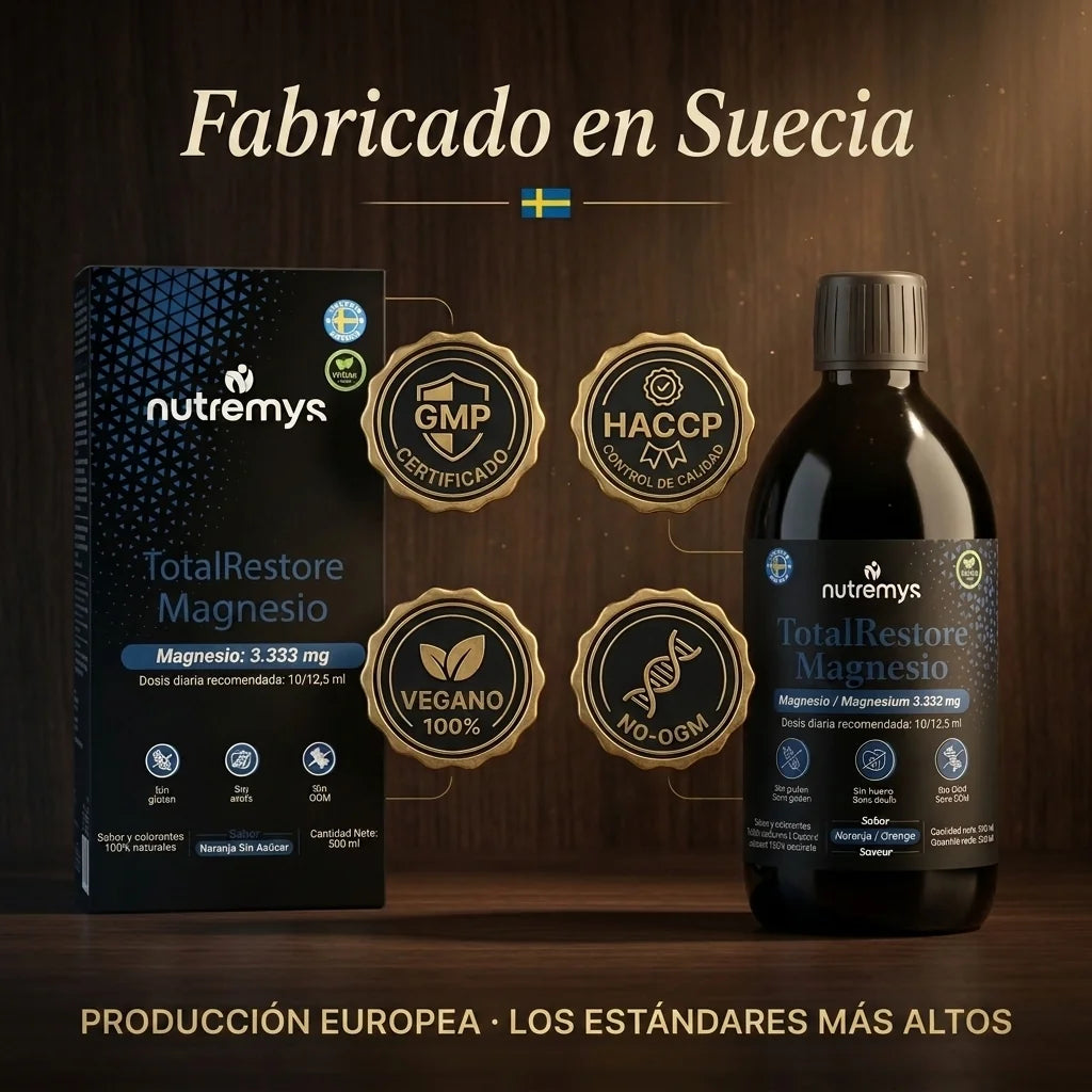 TotalRestore Magnesio fabricado en Suecia, certificado GMP, HACCP, Vegano y Sin OGM