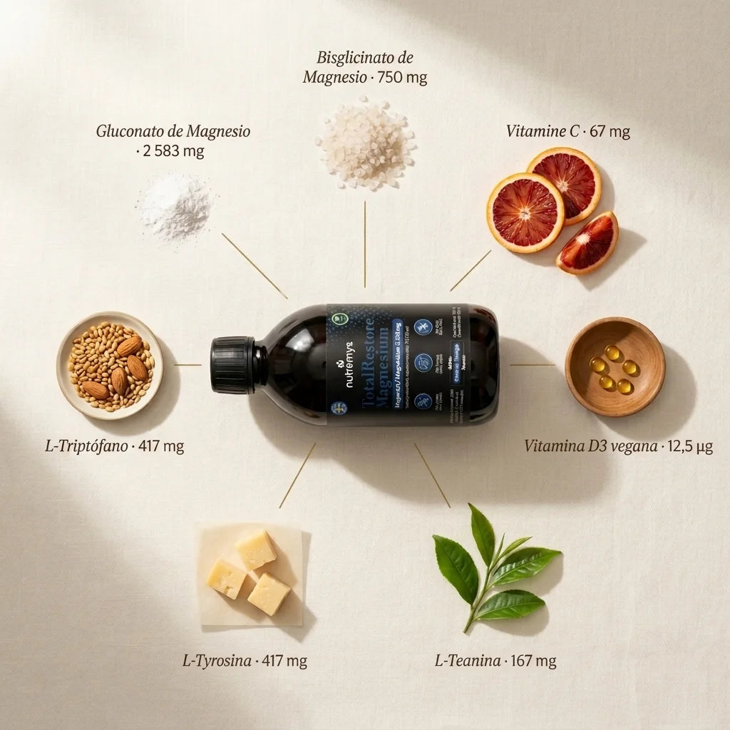 Flatlay de los ingredientes activos de TotalRestore Magnesio: bisglicinato, L-Triptófano, vitaminas