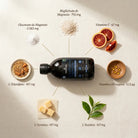 Flatlay de los ingredientes activos de TotalRestore Magnesio: bisglicinato, L-Triptófano, vitaminas