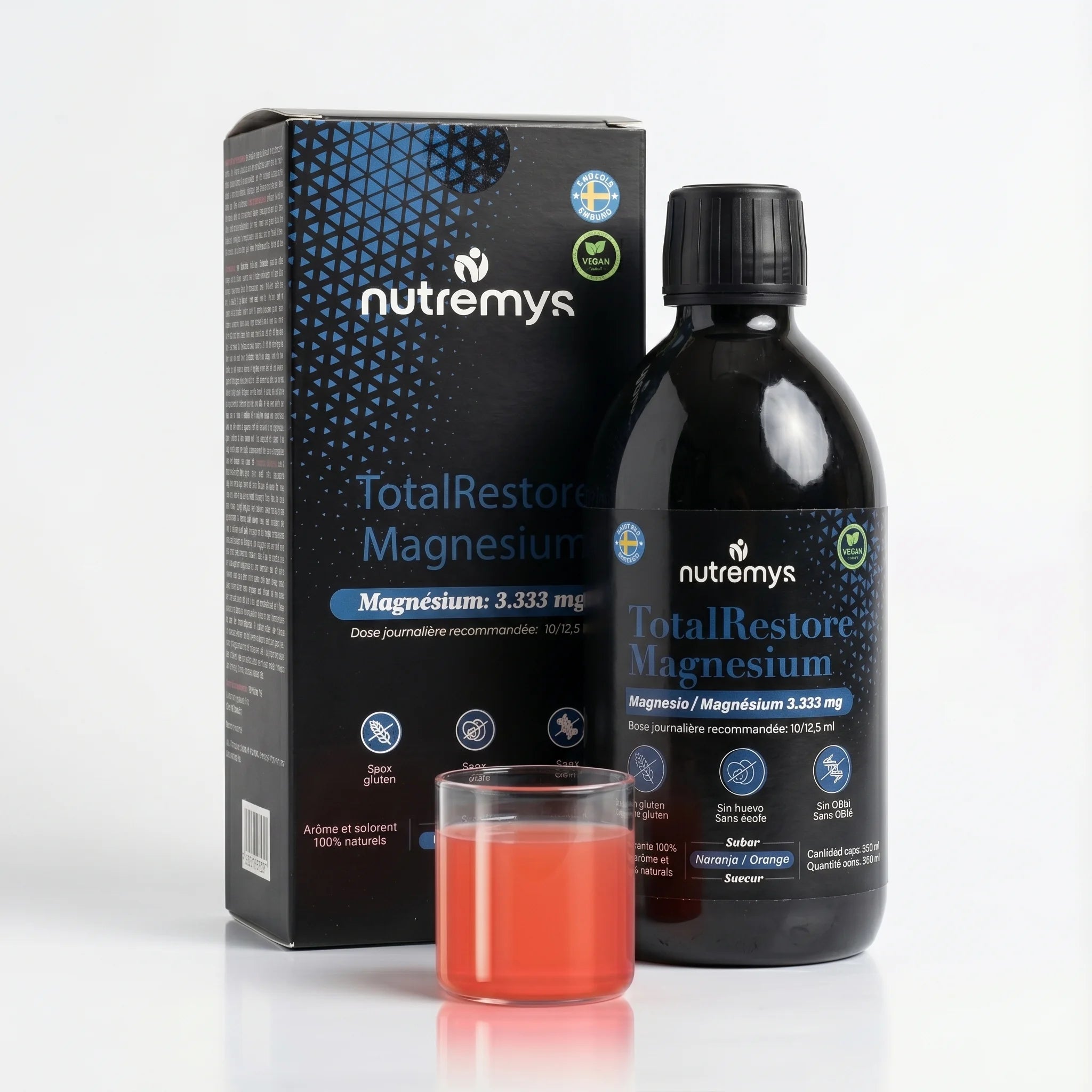 Caja y frasco TotalRestore Magnesio Bisglicinato 3.333 mg, complejo líquido con 3 aminoácidos