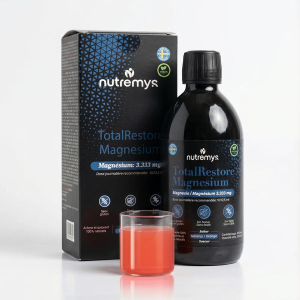 TotalRestore Magnesio · Caja y frasco · bisglicinato líquido 3.333 mg · Nutremys