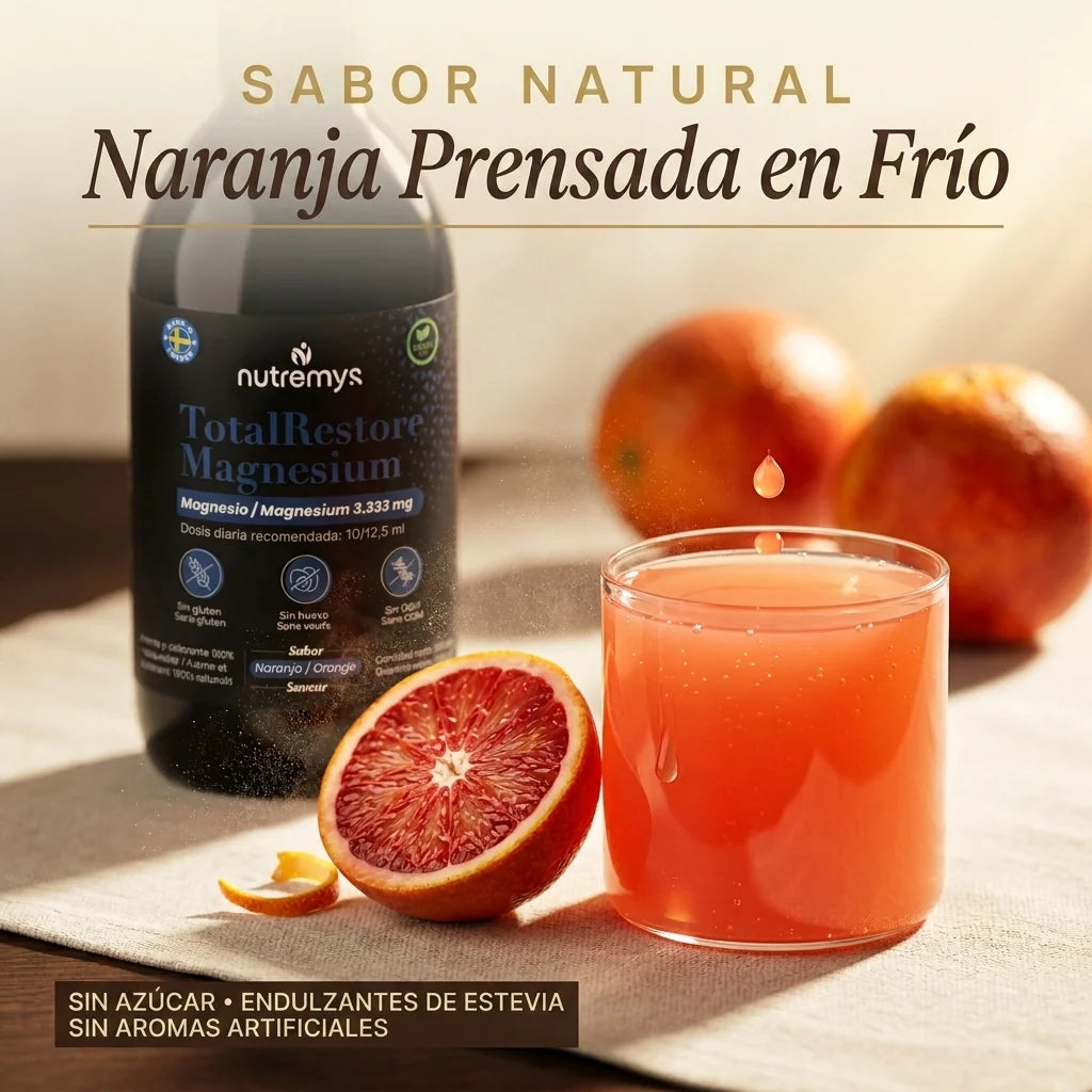 Vaso de TotalRestore Magnesio sabor naranja natural sin azúcar, listo para beber